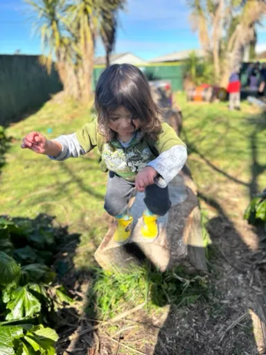 A toddler in gumboots clambering over a log beside the garden beds